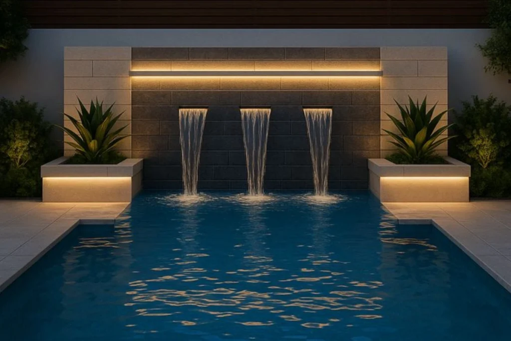 Illuminated water fountain in a Dubai pool at night