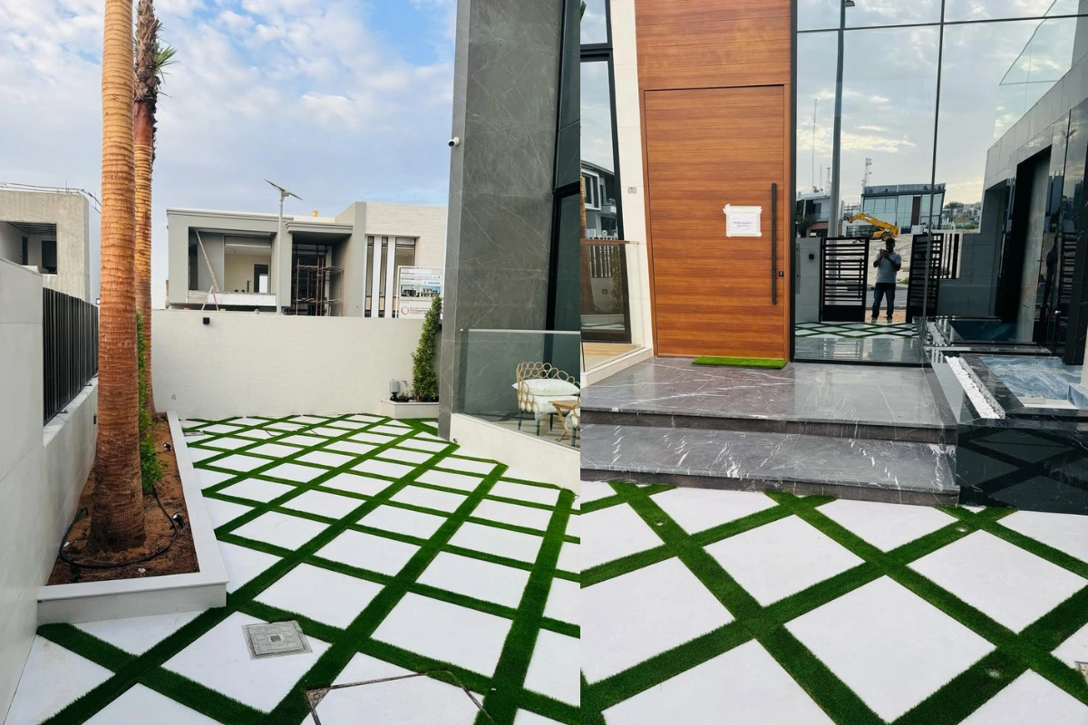 Outdoor-landscape-design-fake-grass-tiles-planterbox-in-dubai