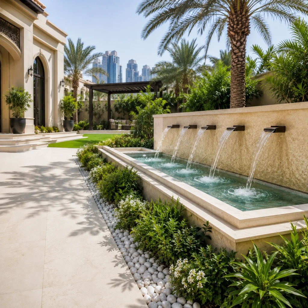 Custom water fountain design and construction in a Dubai villa garden