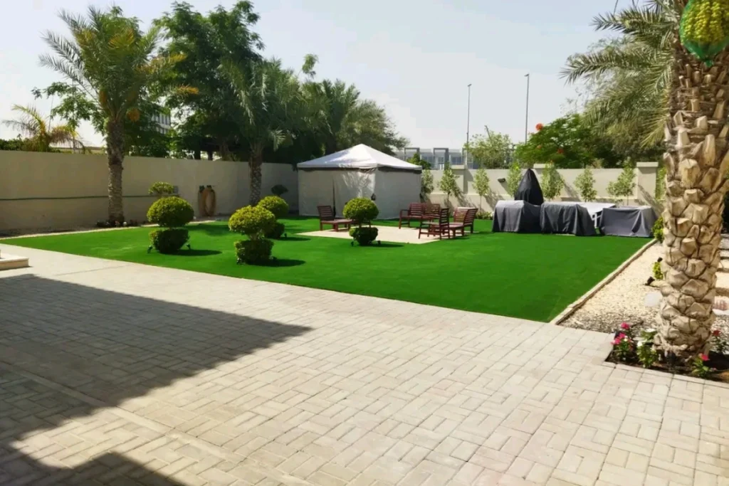 Villa backyard landscaping with lawn and pool in Dubai