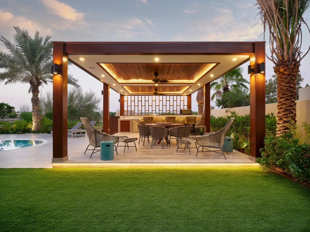 Pergola and outdoor living area in Dubai villa garden