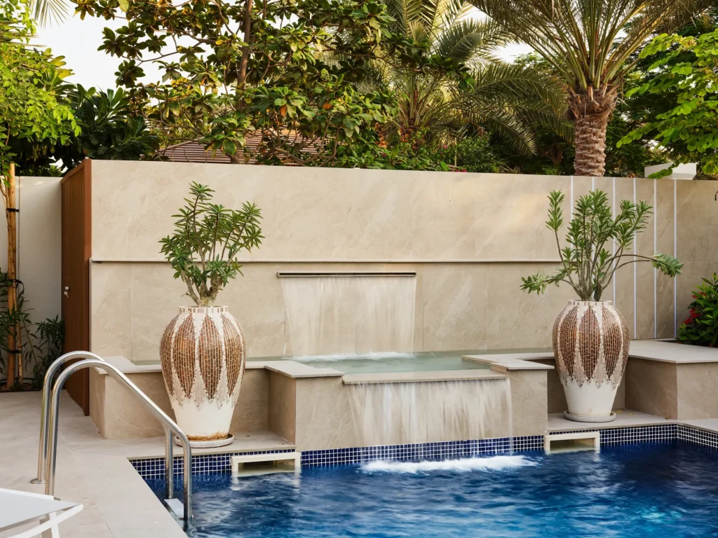 Two-tiered stone waterfall feature cascading into a swimming pool flanked by mosaic planters and tropical greenery